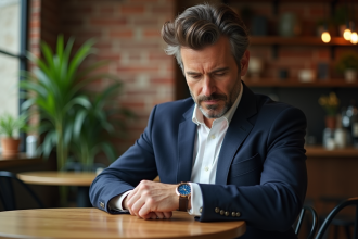 Homme élégant vérifiant sa montre dans un café moderne