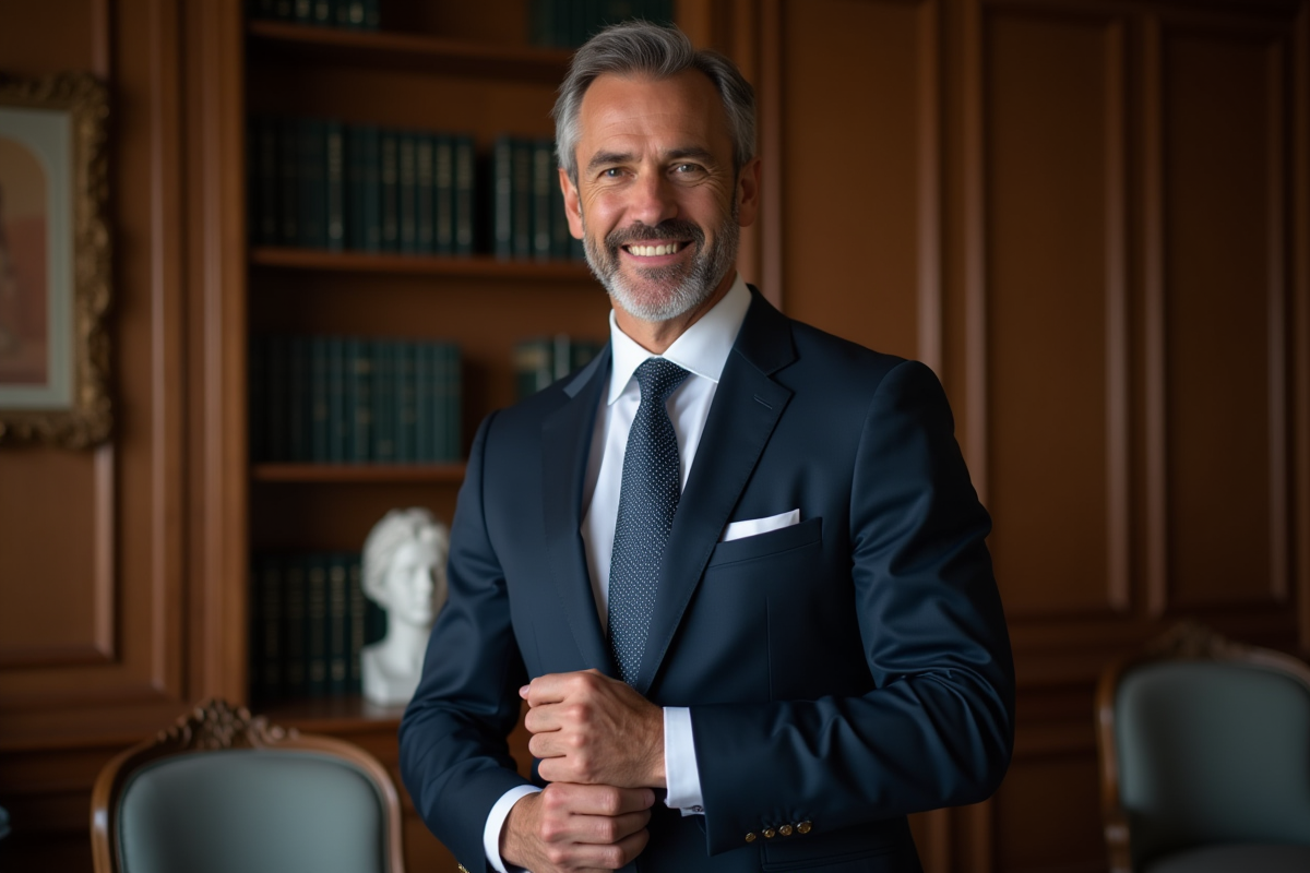 Homme d'âge moyen en costume navy ajustant ses manchettes