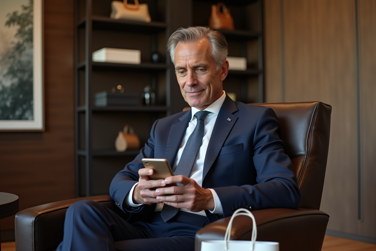 Homme en costume dans un bureau moderne avec accessoires de luxe