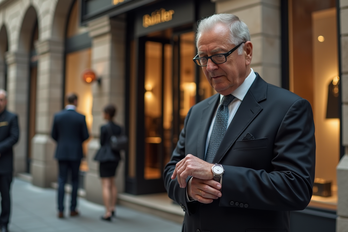 Homme âgé vérifiant sa montre devant boutique luxe