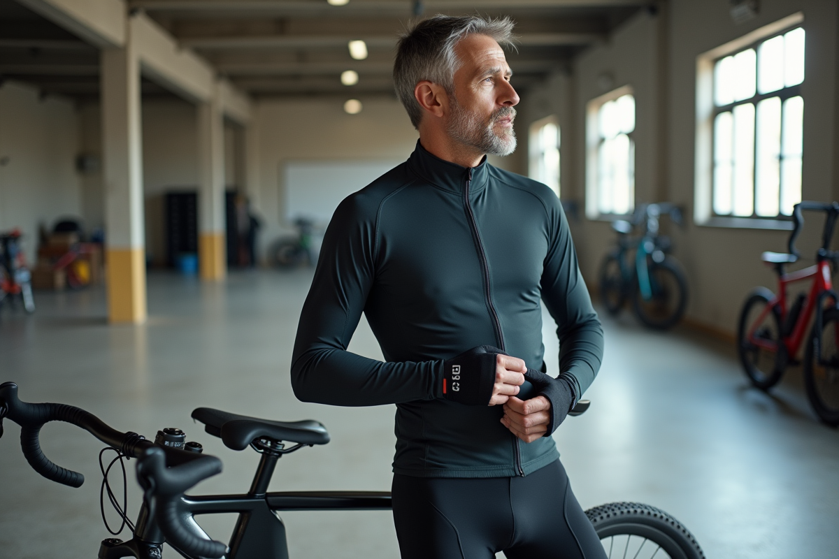 Homme en vêtements techniques reposant avec son vélo en intérieur