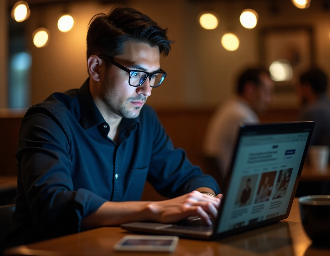 Homme avec lunettes vérifiant des informations et des rumeurs sur internet dans un café