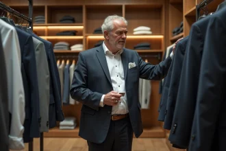 Homme d'&acirc;ge moyen examine une veste en magasin moderne