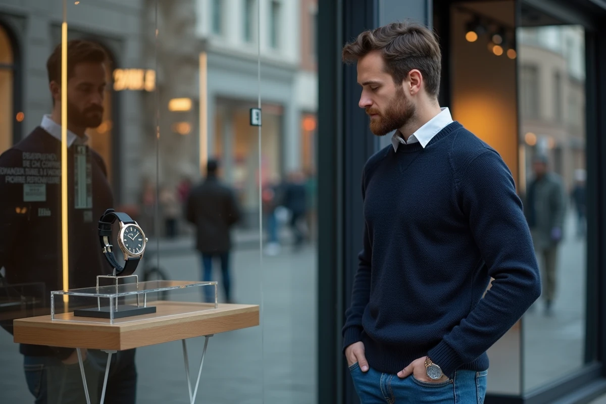 Homme regardant une montre dans une vitrine en ville