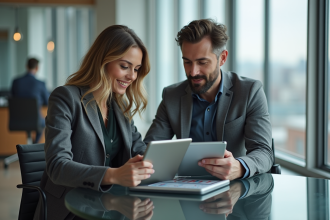 Homme et femme d'affaires comparant des graphiques financiers