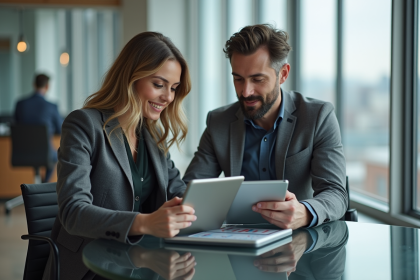 Homme et femme d'affaires comparant des graphiques financiers