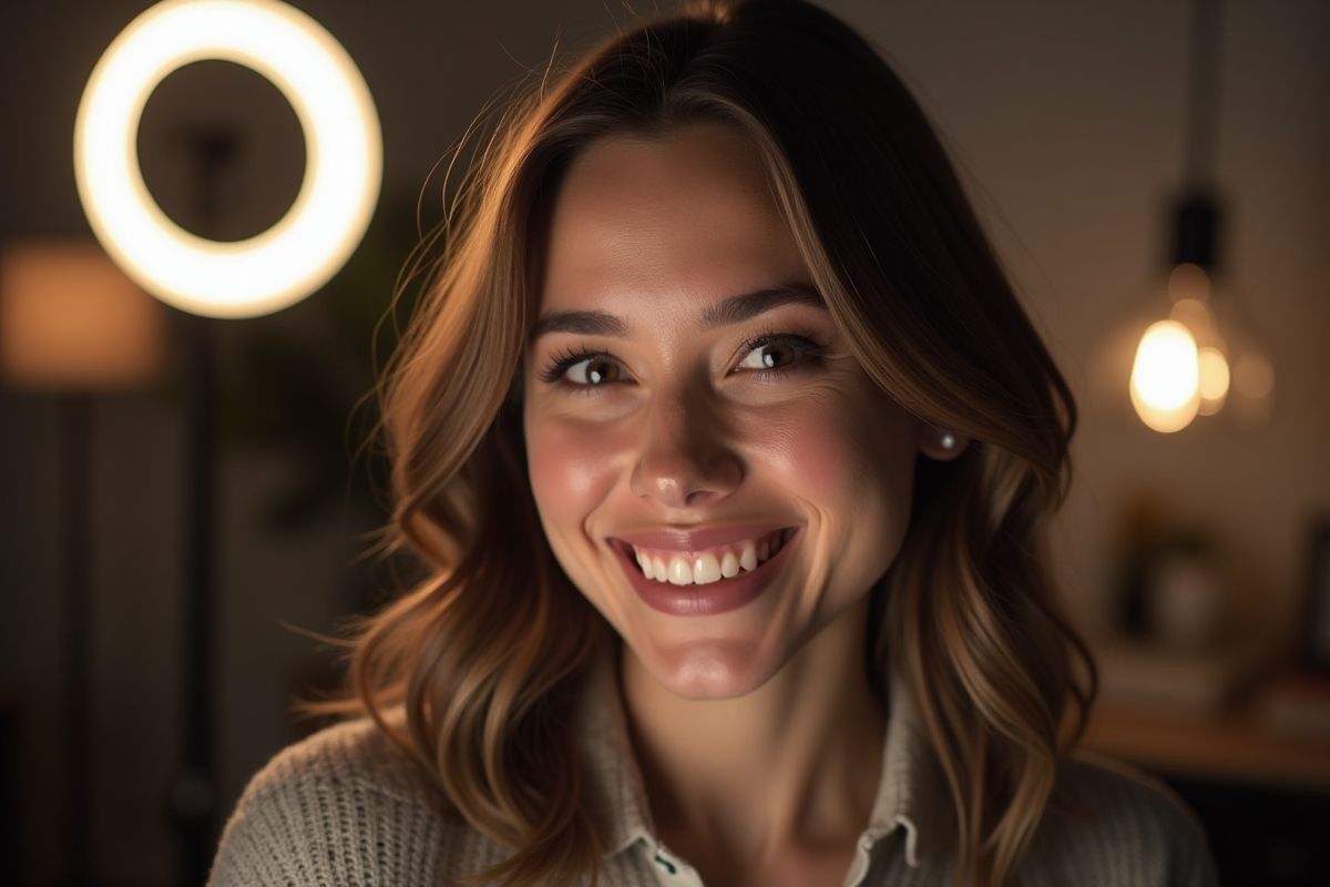 Influenceuse confiante en livestream dans un studio lumineux