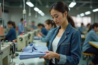 Jeune femme inspectant un vêtement dans une usine textile