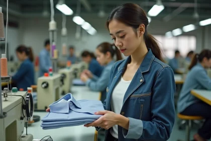 Jeune femme inspectant un v&ecirc;tement dans une usine textile