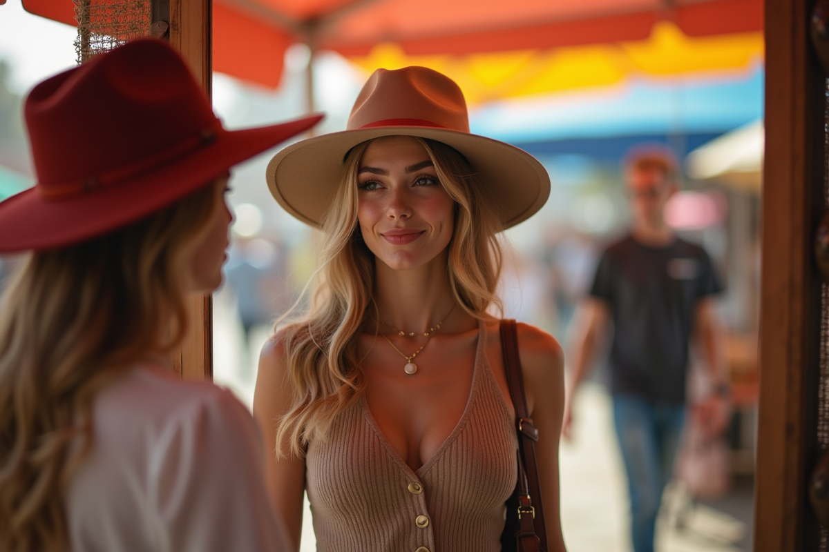 Jeune femme essayant des chapeaux colorés devant un miroir en plein air