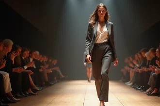 Jeune femme marche sur un runway mode en tenue moderne