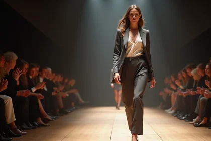 Jeune femme marche sur un runway mode en tenue moderne