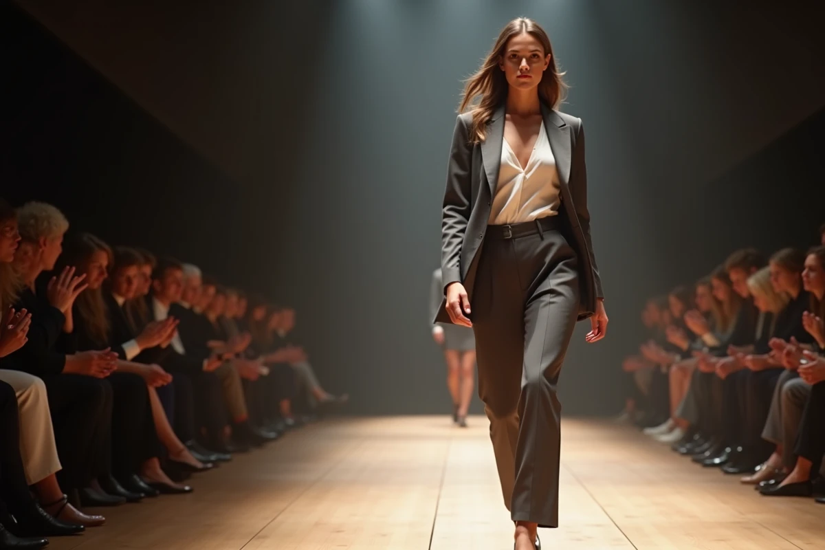 Jeune femme marche sur un runway mode en tenue moderne