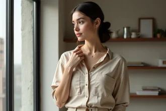 Jeune femme regardant un pendentif en argent dans un intérieur minimaliste