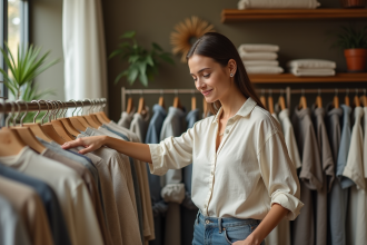Jeune femme souriante achetant des vêtements éthiques dans une boutique
