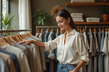Jeune femme souriante achetant des vêtements éthiques dans une boutique