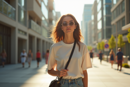 Jeune femme élégante marchant en ville avec sac à bandoulière tendance