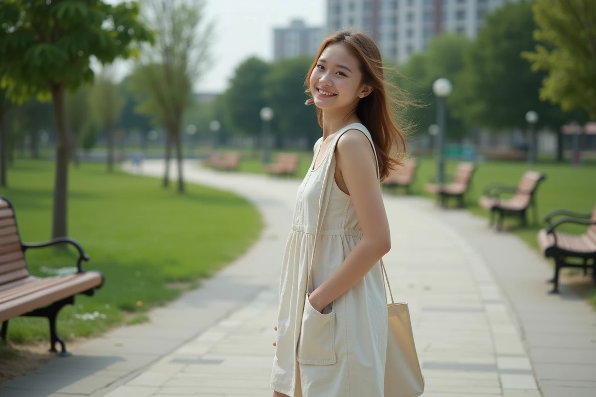 Jeune femme dans un parc urbain avec sac en coton