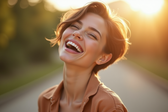 Jeune femme souriante en plein air sous le soleil