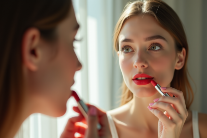 Jeune femme appliquant rouge à lèvres rouge devant miroir