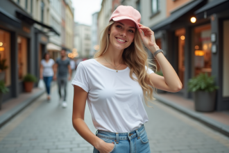 Jeune femme souriante ajustant un casquette pastel en ville
