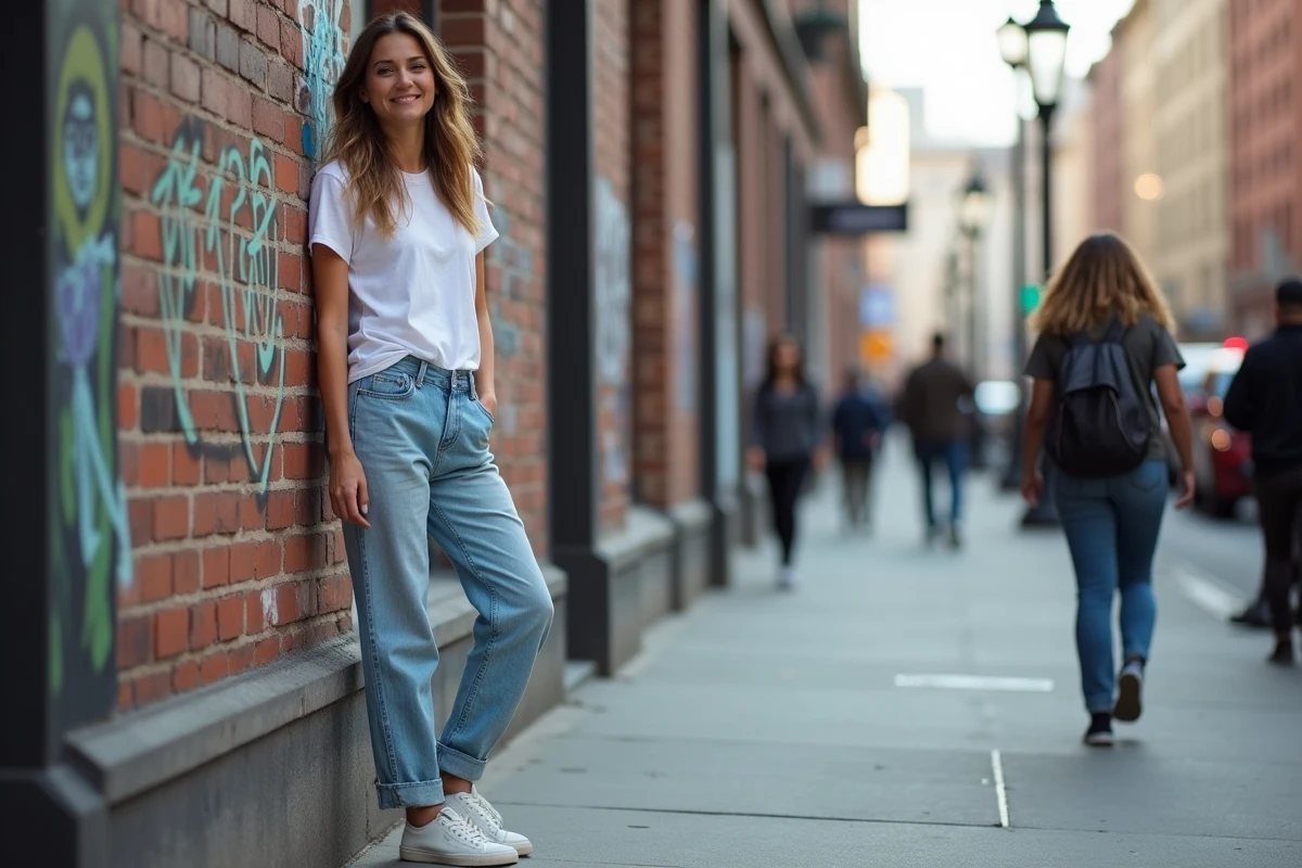 Jeune femme en jeans baggy et t-shirt blanc dans la ville