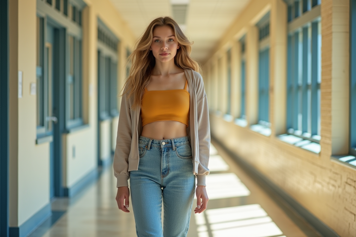 Jeune fille confiante dans le couloir scolaire ensoleille