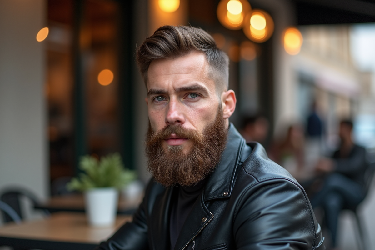 Jeune homme barbu assis en terrasse en plein jour
