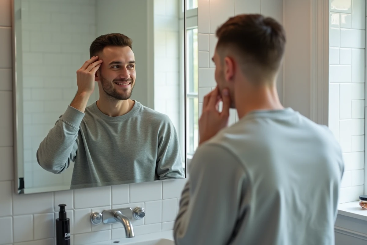 Jeune homme inspectant sa coupe casquette fraîchement réalisée devant un miroir de salle de bain à la maison