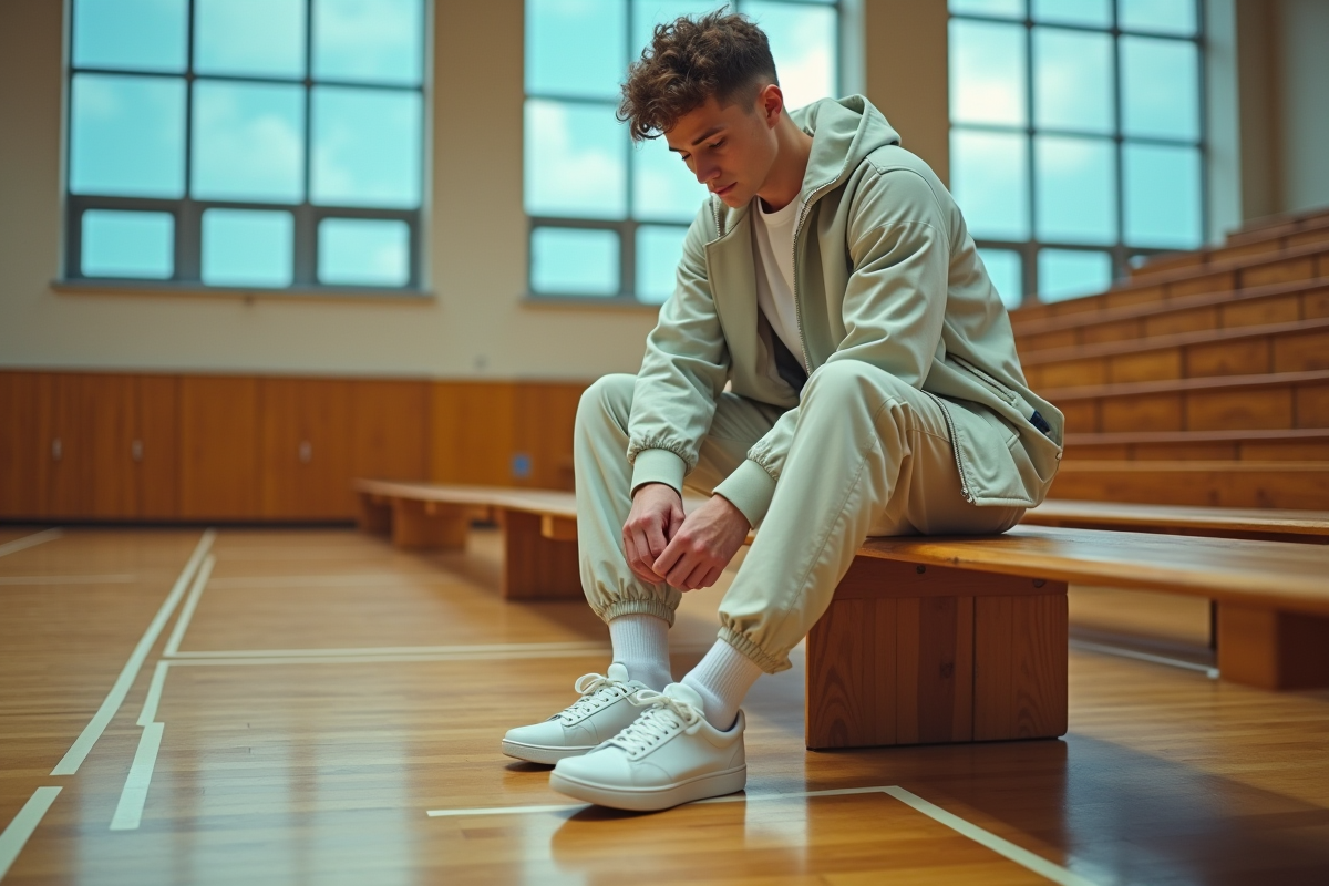 Jeune homme en intérieur lace ses sneakers rétro