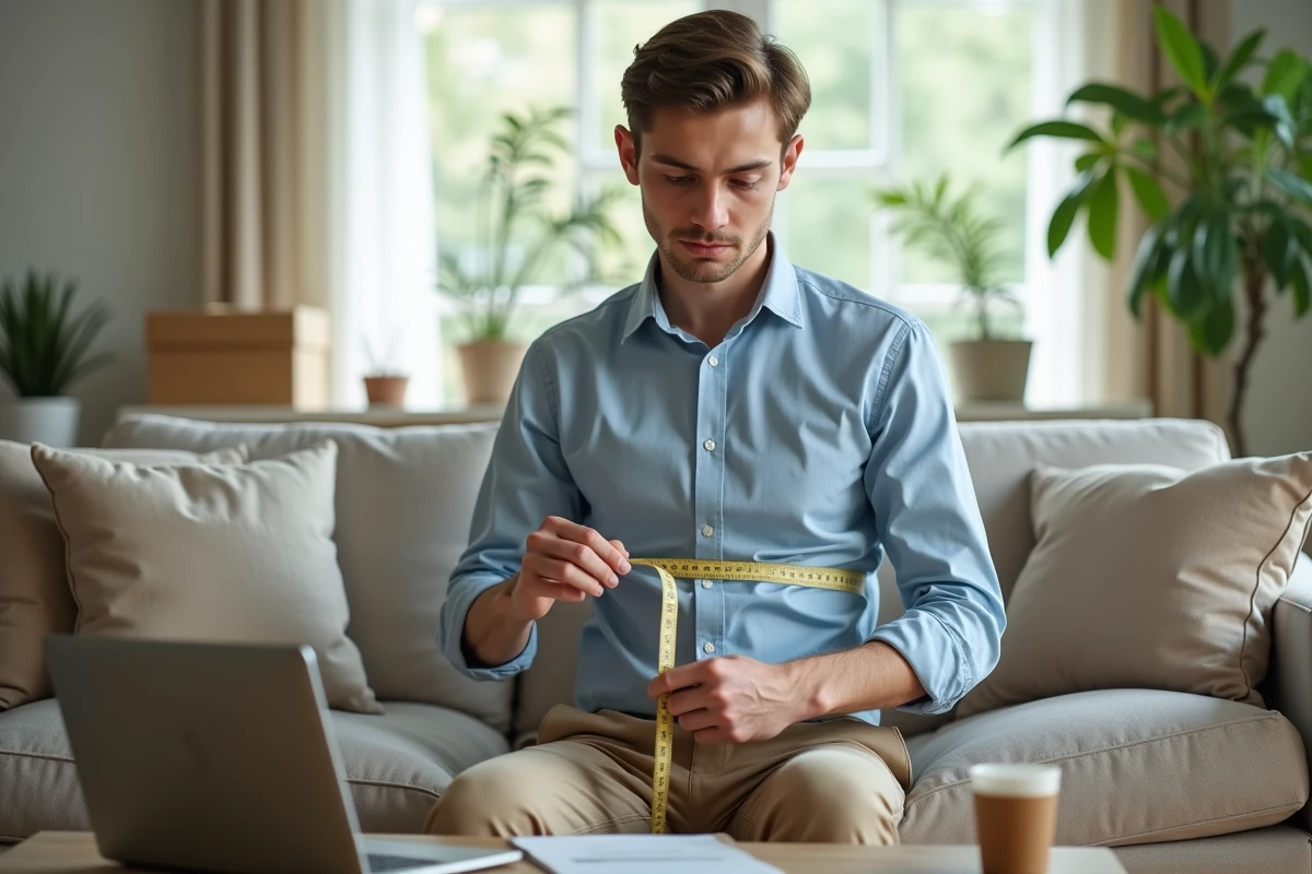 Jeune homme v&eacute;rifie sa taille avec un ruban dans le salon