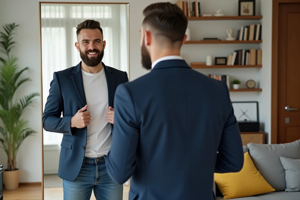 Jeune homme ajuste un blazer dans son salon lumineux