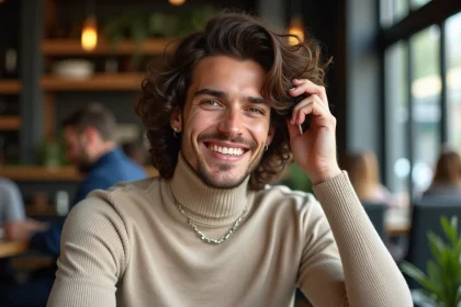 Jeune homme &agrave; la coiffure mullet dans un caf&eacute; moderne