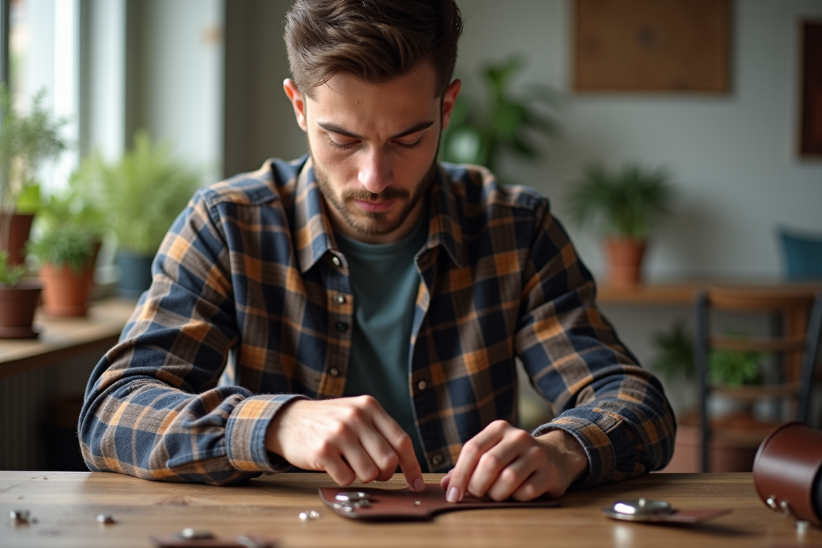 Jeune homme perçant un ceinture en cuir dans un intérieur moderne