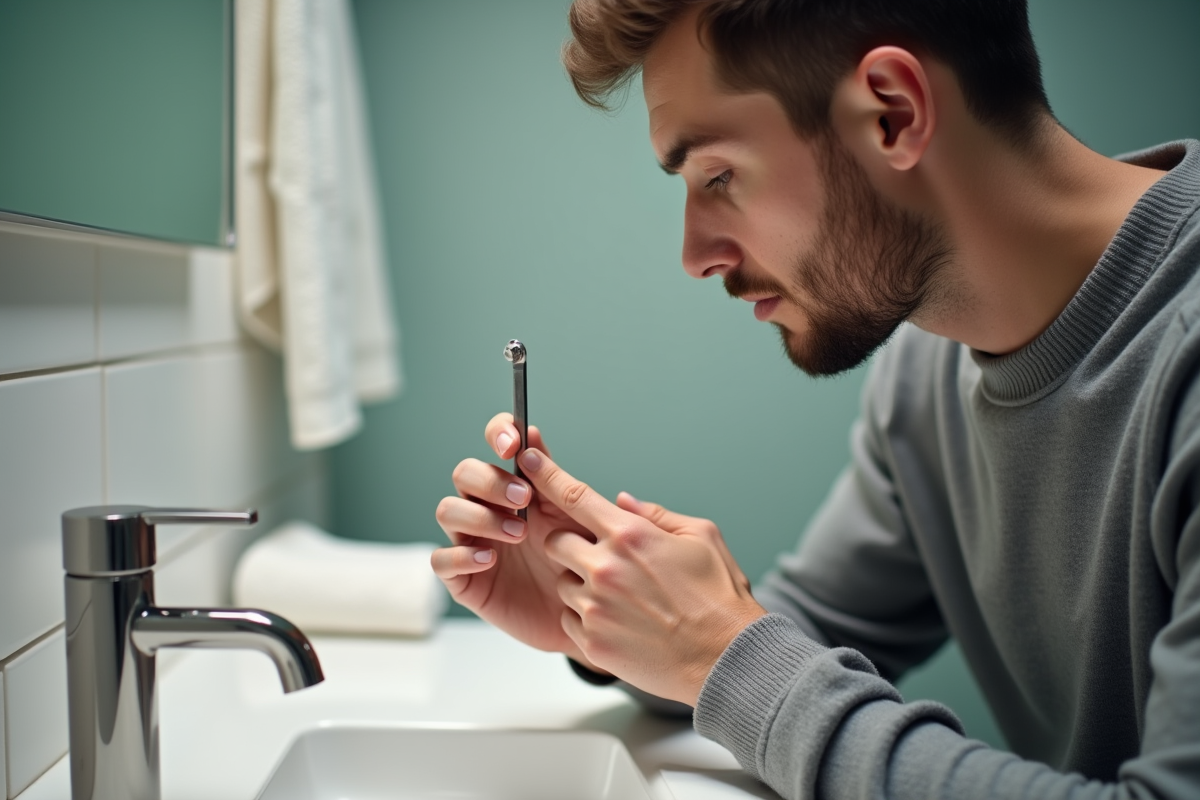 Jeune homme se soignant les ongles dans la salle de bain