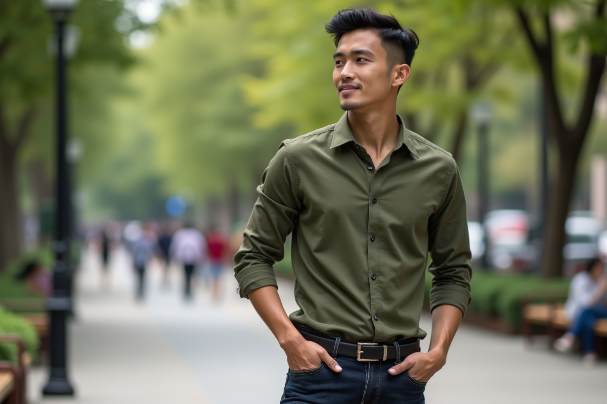 Jeune homme en tenue casual dans un parc urbain