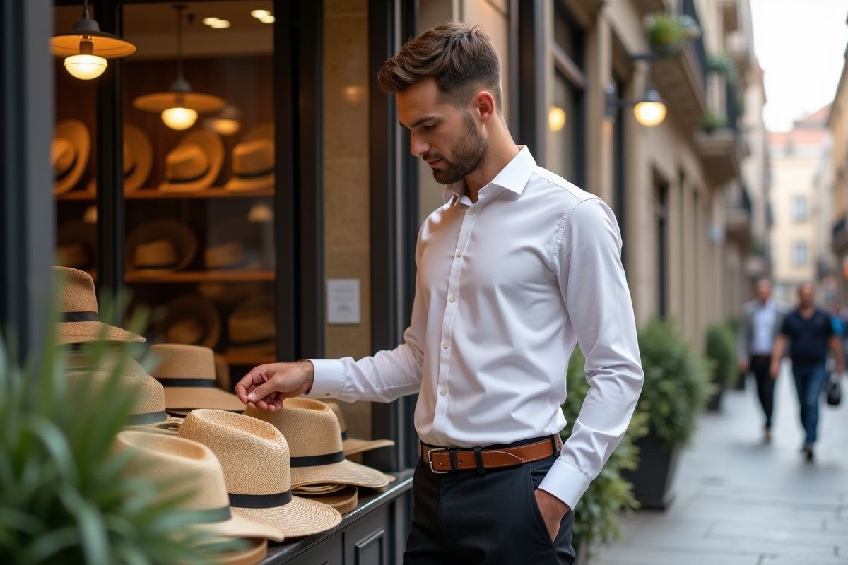 Jeune homme arrangeant des chapeaux dans une boutique en ville