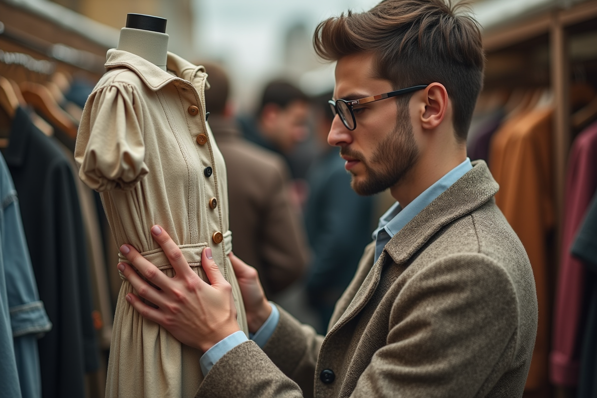 Jeune homme scrutant des vêtements dans un marché aux puces