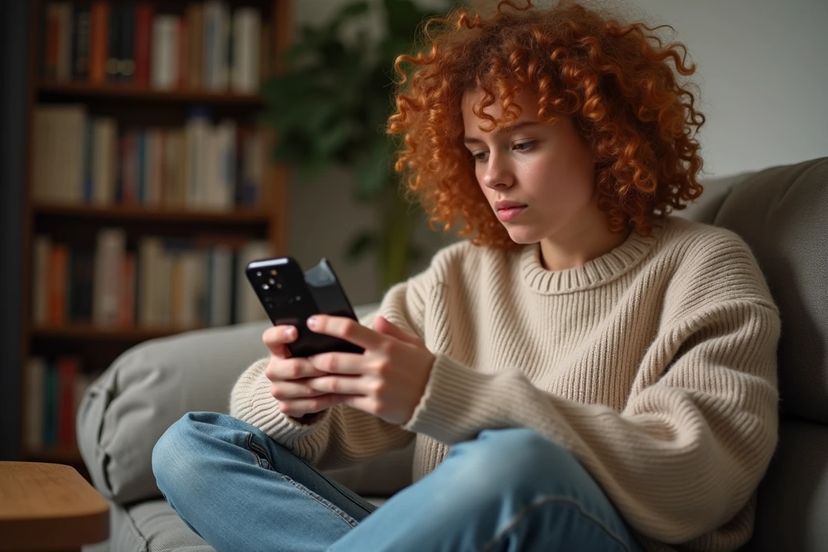 Jeune personne inquiète consultant une notification de fuite de données sur son smartphone dans un salon confortable
