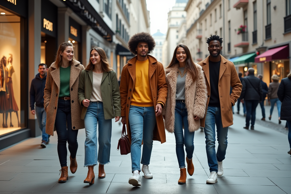 Groupe de jeunes adultes en mode dans une rue urbaine animée