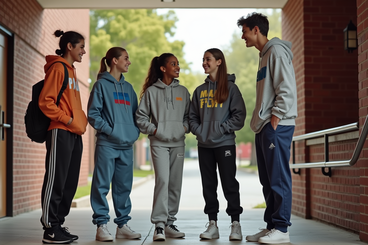Groupe d'adolescents dans un lycée années 90 en extérieur