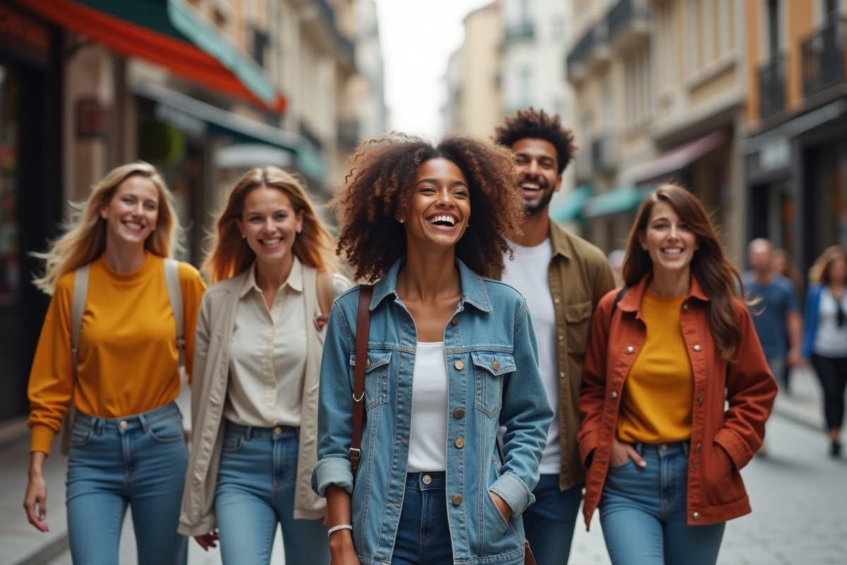 Groupe de jeunes adultes souriants en vêtements de marque dans la rue