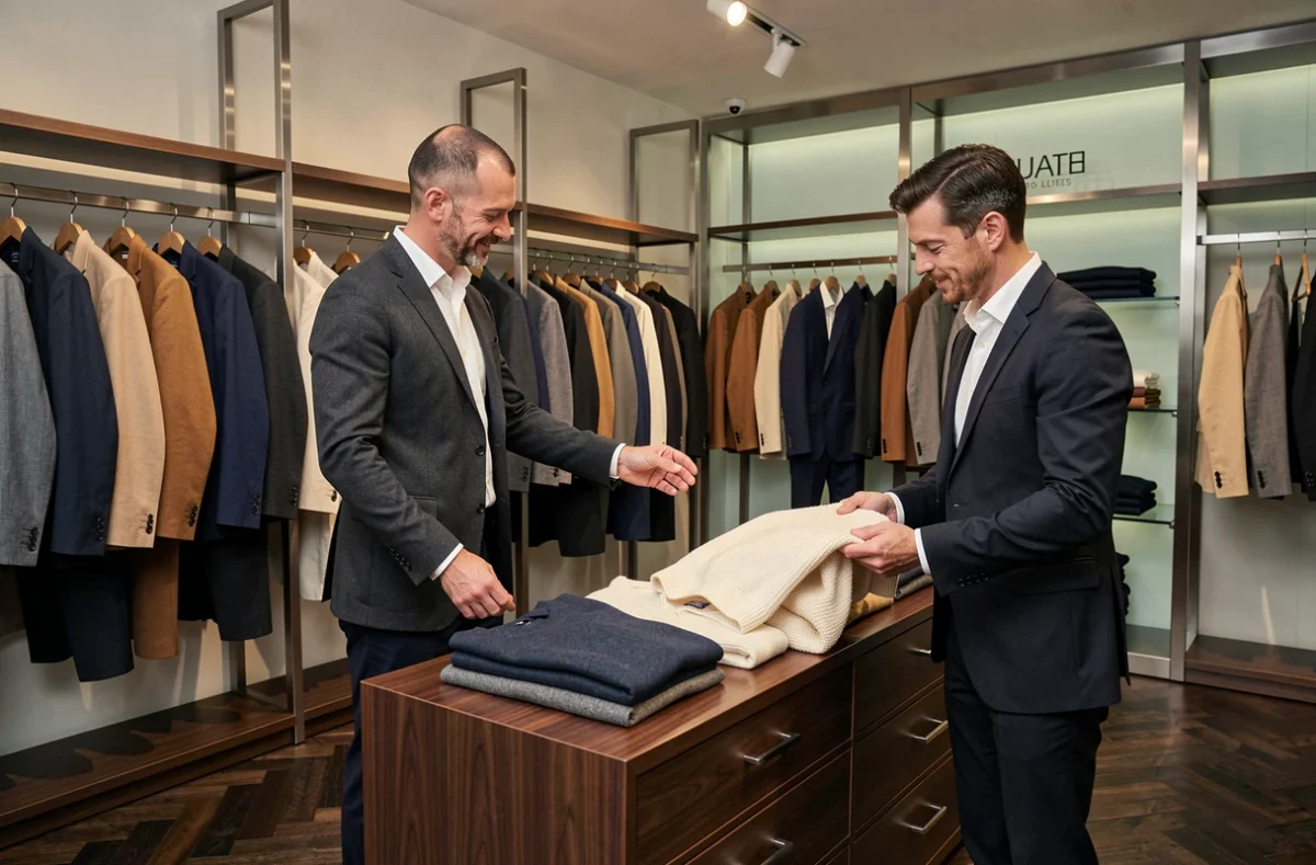 Boutique Joseph Curtis à Boulogne-Billancourt avec sélection de prêt-à-porter masculin raffiné sur portants noyer