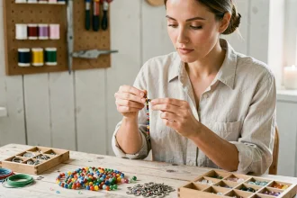 Femme créant un bracelet DIY avec un kit de perles et fils élastiques sur une table en bois