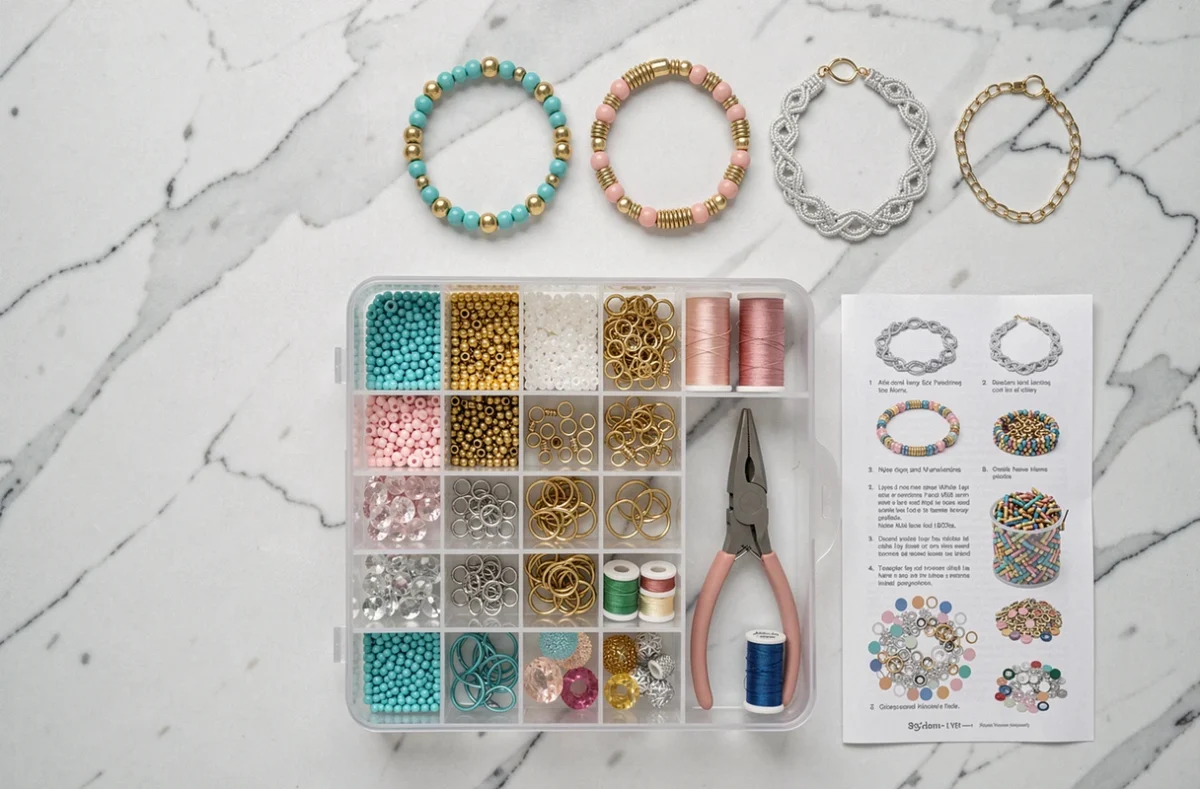 Kit complet bijoux DIY avec perles, outils, fils et bracelets terminés sur fond marbre