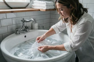Femme lavant délicatement un jupon blanc en coton dans un évier en céramique avec de l'eau savonneuse