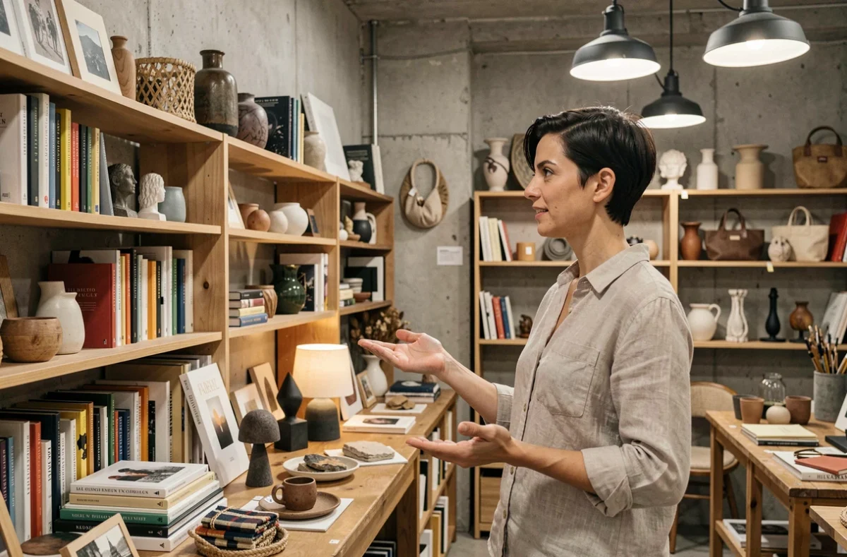 Intérieur du concept store Les Mots et les Choses à Boulogne-Billancourt avec objets design et livres