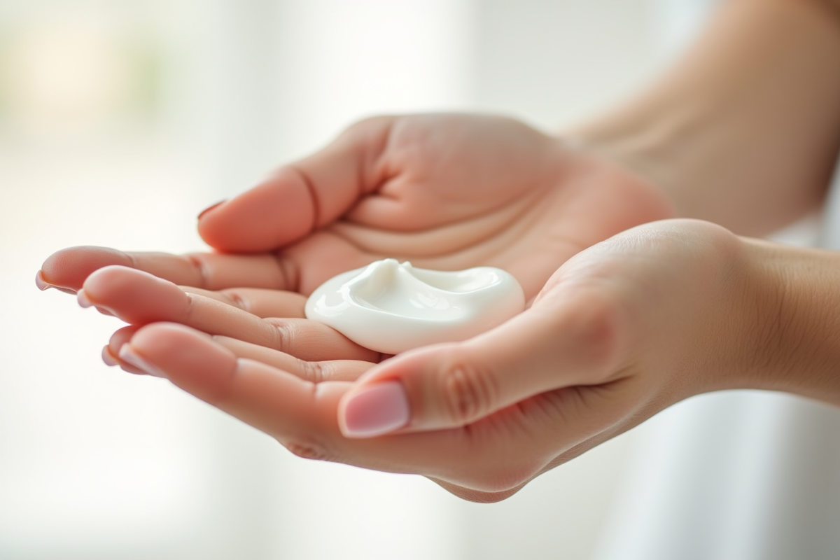 Mains de femme appliquant une creme hydratante visage