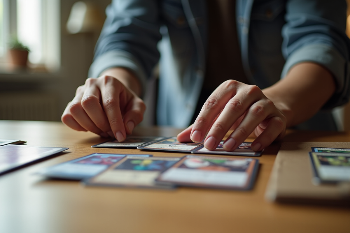 Mains manipulant des cartes à collectionner au bureau