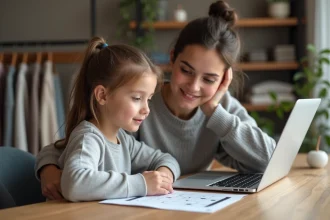 Maman et fille regardant un tableau de tailles v&ecirc;tements
